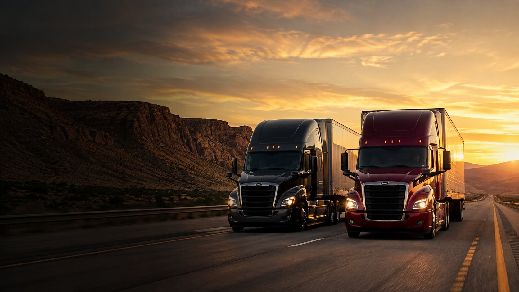 Two semi trucks hauling through western country at sunrise