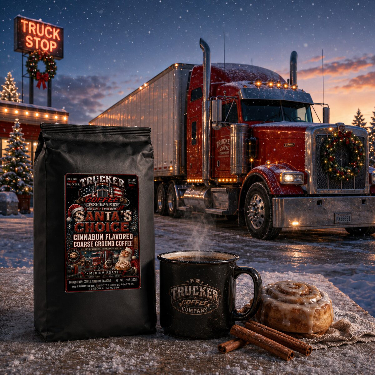 Holiday coffee beside a decorated semi truck